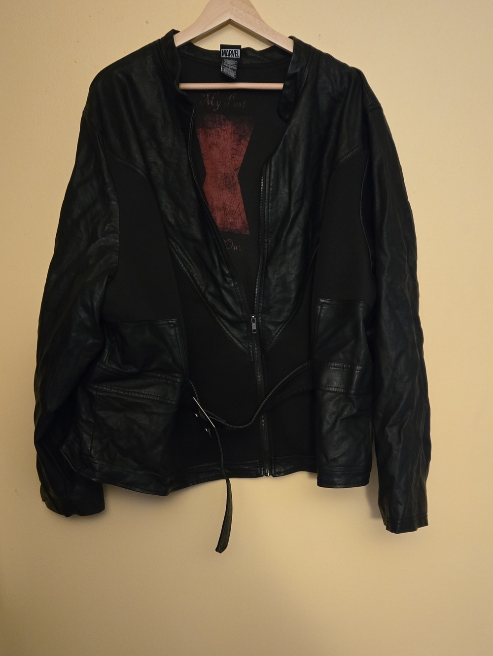 Marvel Women's Black Faux Leather Jacket with Waist Tie